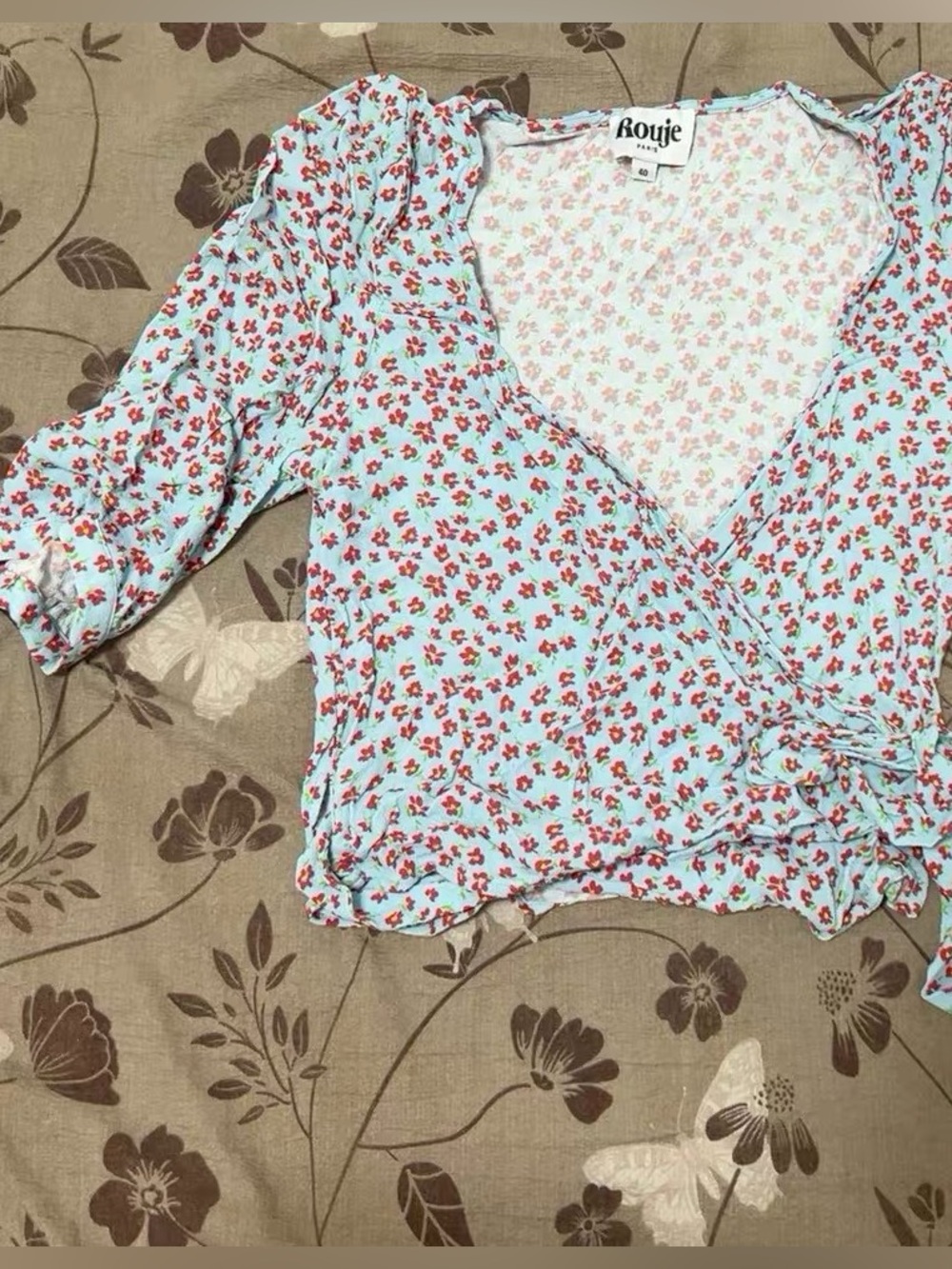 Rouje Light Blue Wrap Blouse with Red Floral Print